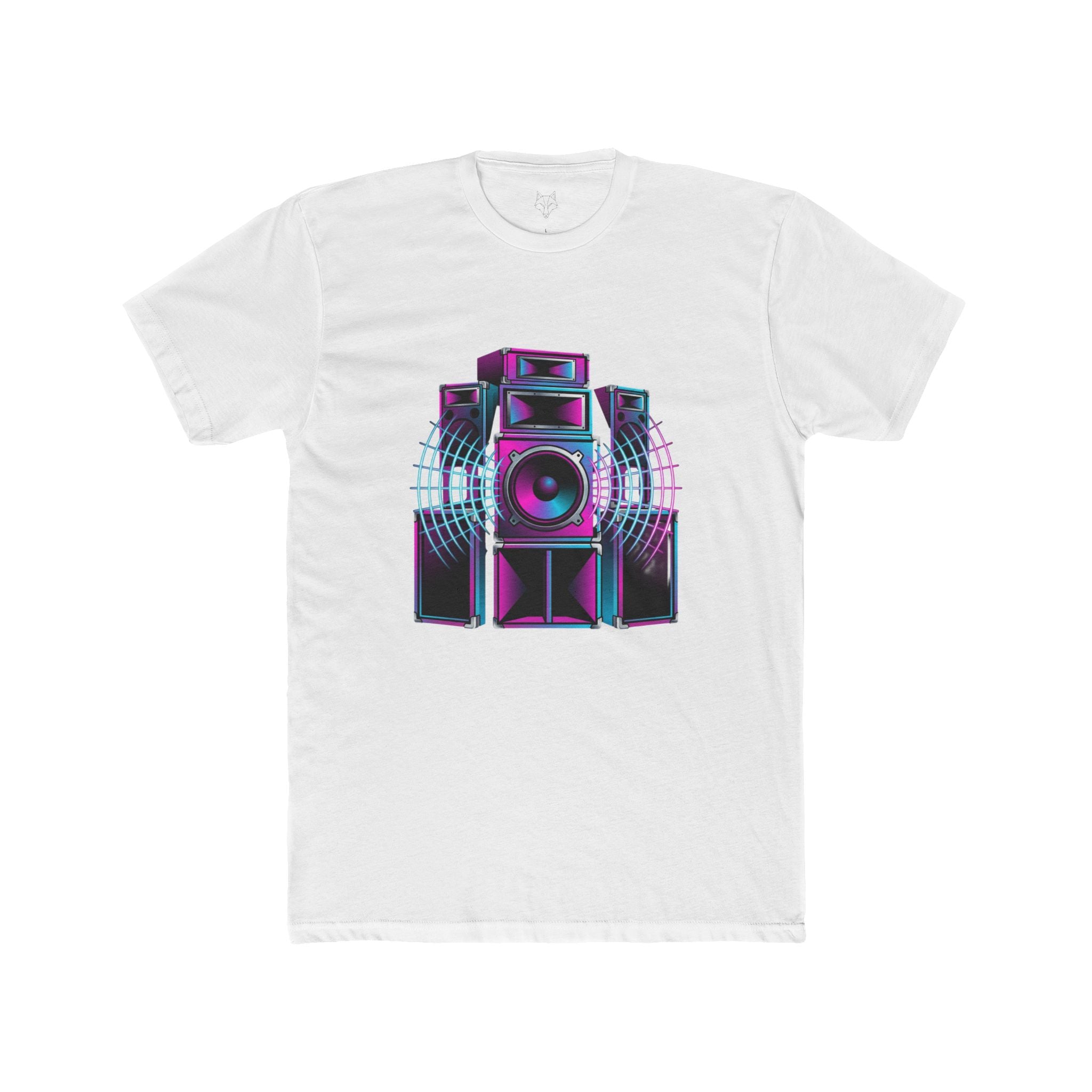 Retro Neon Sound System Tee — Vintage Speaker Graphic T-Shirt for Music Lovers
